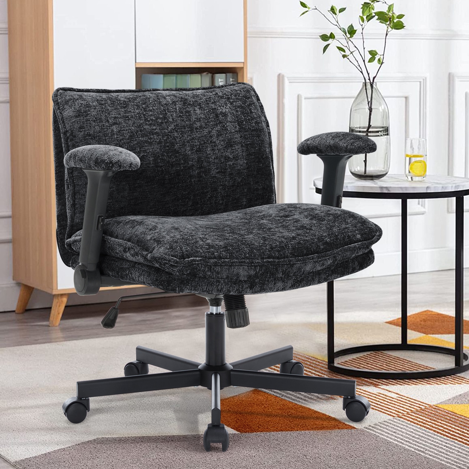 FanciSpot Cross Legged Office Chair, Height Adjustable Swivel Desk Chair With Flip-Up Arms, Padded Criss Cross Chair For Home Office & Bedroom_voghion.com